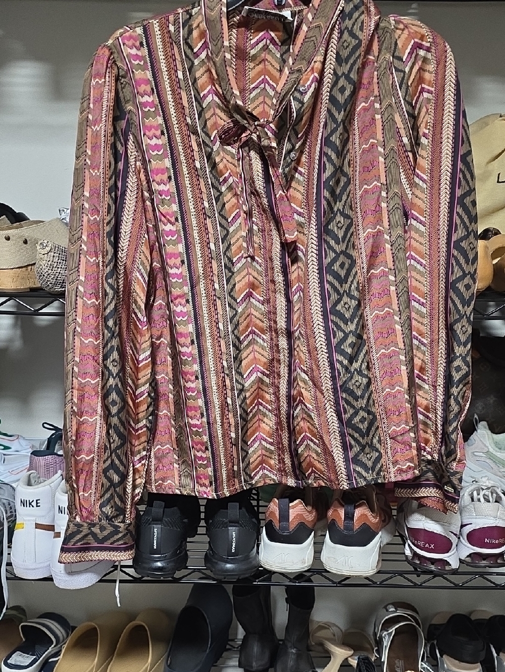 Striped Tie-Neck Blouse in Pink and Brown